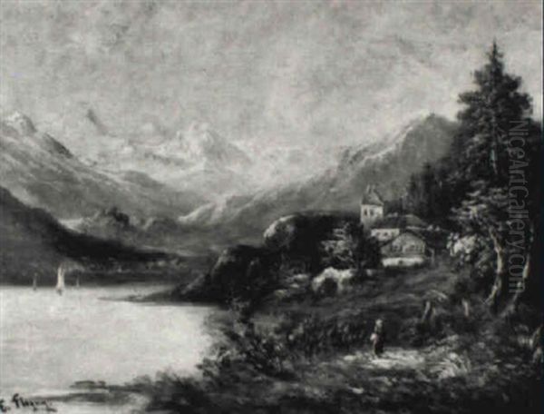 Mountain Landscape With Lake Oil Painting by Eugene Victor de Flogny