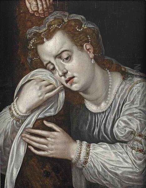 Mary Magdalene In Sorrow At The Foot Of The Cross Oil Painting by Frans Floris the Elder