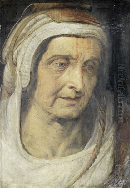 Portrait Of An Elderly Lady, Bust-length, In A White And Brown Headdress Oil Painting by Frans Floris the Elder