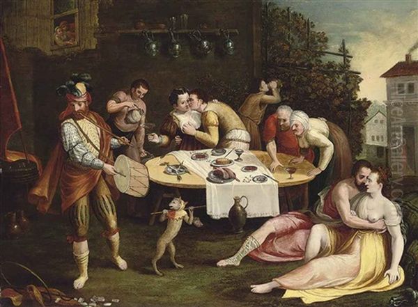 A Banquet With Elegant Company Courting Oil Painting by Frans Floris the Elder