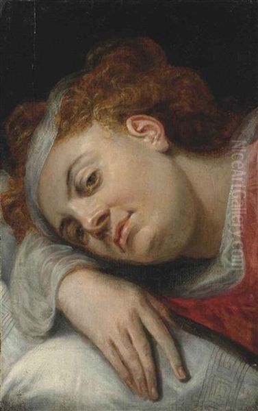 A Woman Resting Her Head On Her Right Arm Oil Painting by Frans Floris the Elder