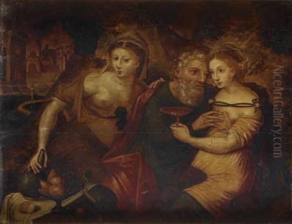 Loth Et Ses Filles (in 3 Parts) Oil Painting by Frans Floris the Elder