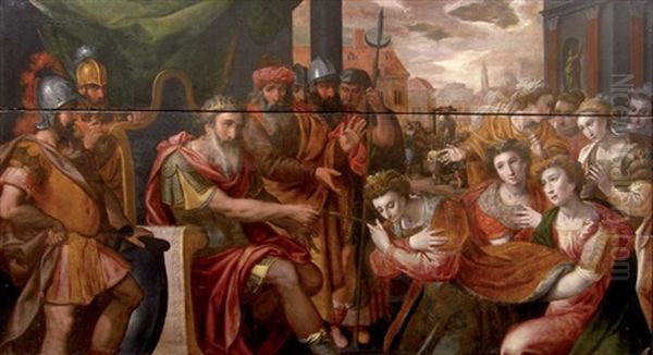 Esther Devant Assuerus; A L'arriere Plan L'execution Du Ministre Aman Oil Painting by Frans Floris the Elder