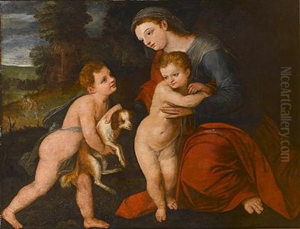 The Madonna And Child With An Infant Offering A Dog, Saint Joseph Before A House In A Landscape Beyond Oil Painting by Frans Floris the Elder