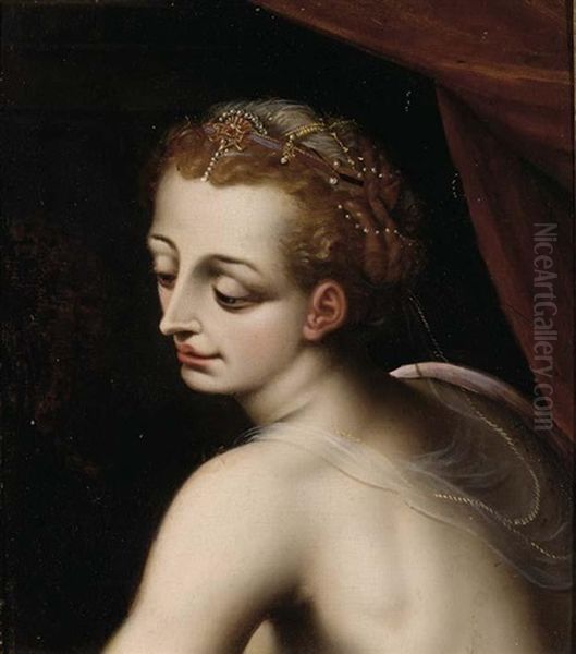 A Head Of A Woman, Wearing Pearl Jewellery In Her Hair Oil Painting by Frans Floris the Elder