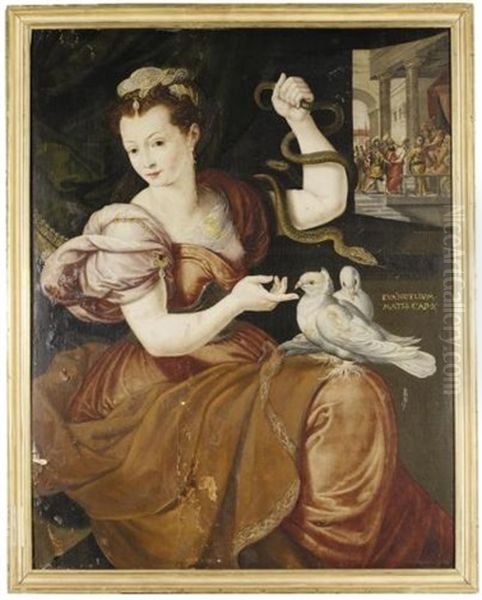 An Allegory Of Innocence Or Prudence With A Woman Holding Two Serpents And Two Doves On Her Knee, With Christ Before Pilate Beyond Oil Painting by Frans Floris the Elder