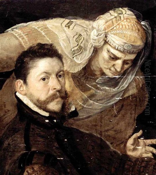 Portrait Of An Artist, Head And Shoulders, With A Muse Watching Over His Shoulder Oil Painting by Frans Floris the Elder