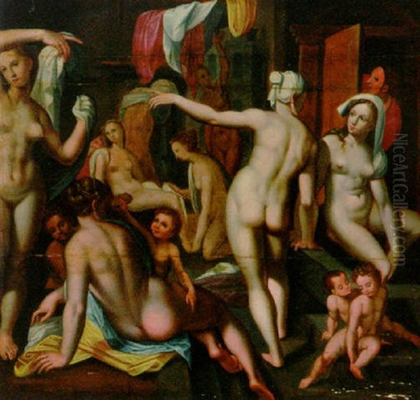 Maidens And Children Bathing Oil Painting by Frans Floris the Elder