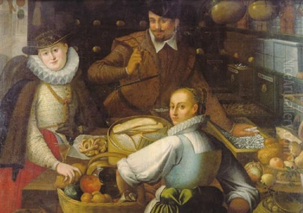 Vornehme Dame Mit Ihrer Dienerin Beim Einkauf In Einem Kramerladen Oil Painting by Frans Floris the Elder