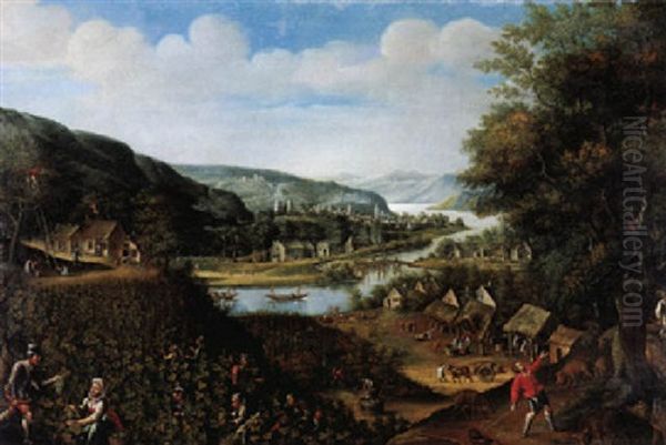 Flusslandschaft Mit Weinernte Und Schweinemast Oil Painting by Frans Floris the Elder