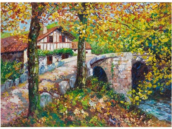 Herbstlandschaft Mit Brucke Oil Painting by Louis Floutier