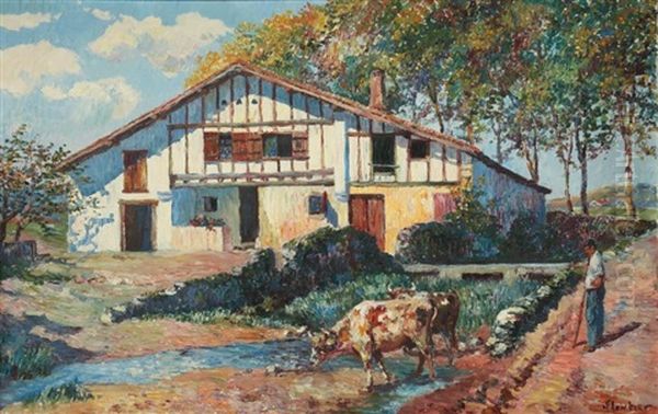 Bouvier Et Ses Vaches Devant Une Ferme, Pays Basque Oil Painting by Louis Floutier