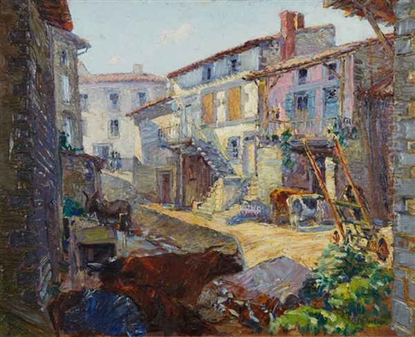 Retour Au Village (ou Cour De Ferme Animee Avec Ane Et Boeuf) Oil Painting by Louis Floutier