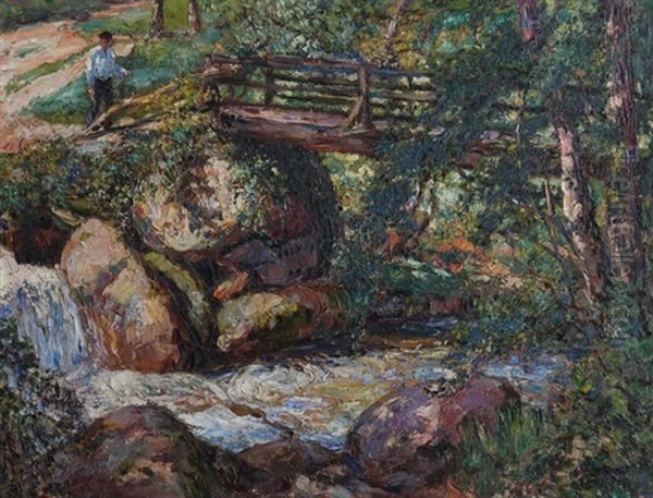 Cours D'eau Et Pont Avec Personnage Basque Oil Painting by Louis Floutier