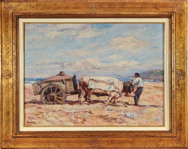 Attelage Aux Boeufs Sur La Plage Devant Bidart Oil Painting by Louis Floutier