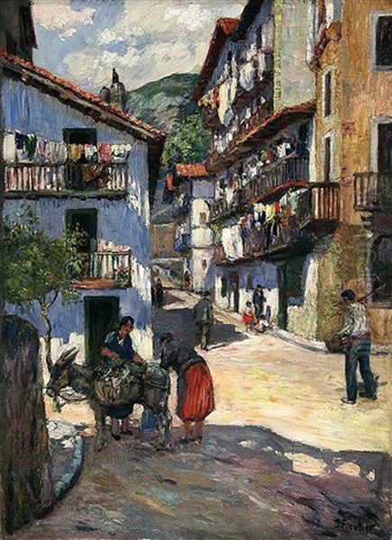 Village Street Scene Oil Painting by Louis Floutier