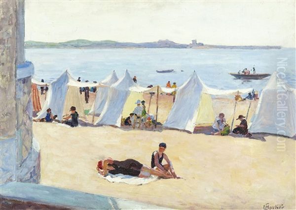 La Grande Plage De Saint-jean-de-luz (cote Basque) Avec Le Fort De Socoa Au Fond Oil Painting by Louis Floutier