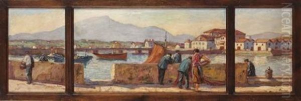 Scene De Port (triptych) Oil Painting by Louis Floutier