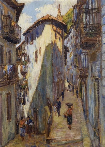 Rue Animee Au Pays Basque Oil Painting by Louis Floutier