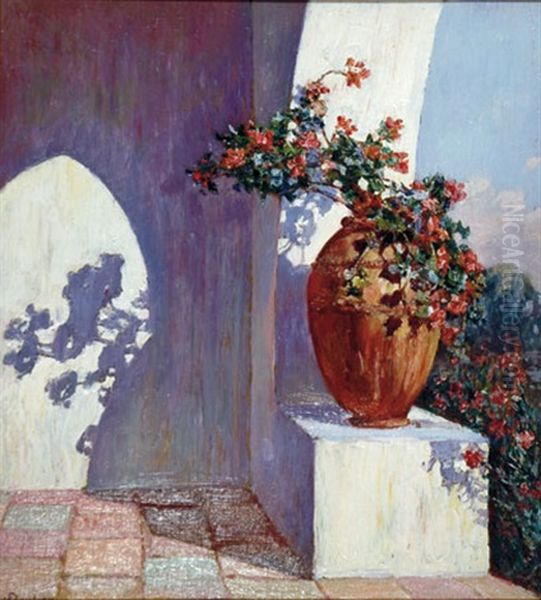 Patio With Large Vase (magazine Cover Illus. For January 1931 Issue Of House And Garden) Oil Painting by Louis Floutier