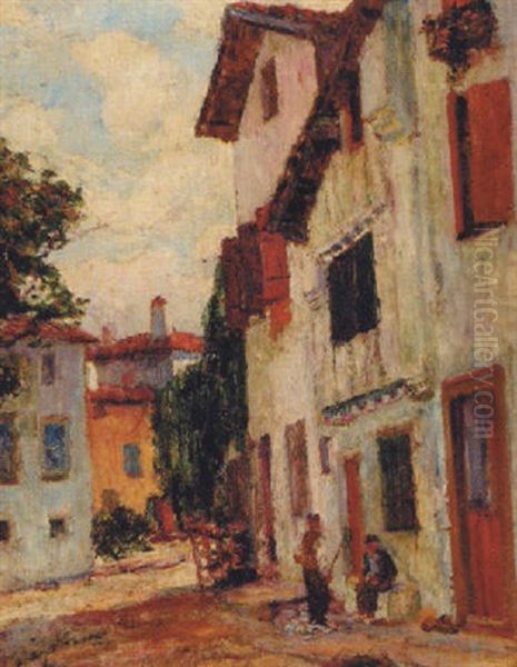 Figures Conversing In A Continental Street Oil Painting by Louis Floutier