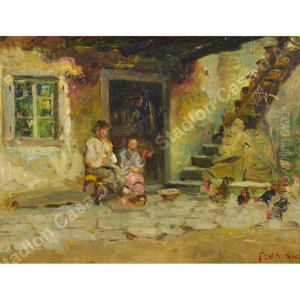 Famigliola Nel Cortile Carsico Oil Painting by Ugo Flumiani