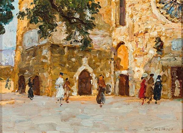 Trieste San Giusto. Kirchganger Auf Dem Platz Vor Der Kirche Oil Painting by Ugo Flumiani