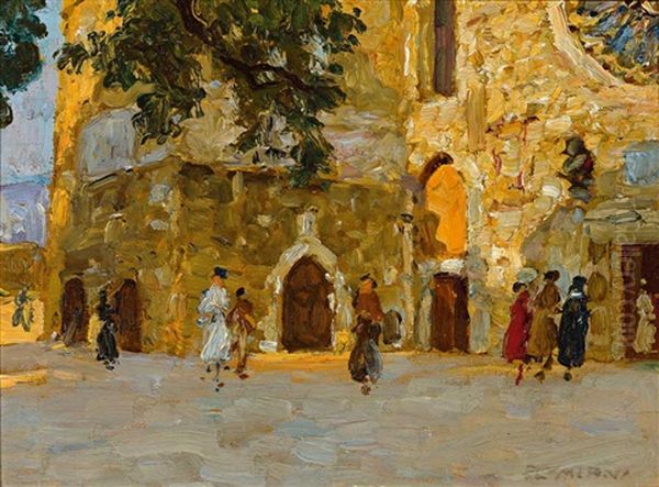 Trieste San Giusto. Kirchganger Auf Dem Platz Vor Der Kirche Oil Painting by Ugo Flumiani