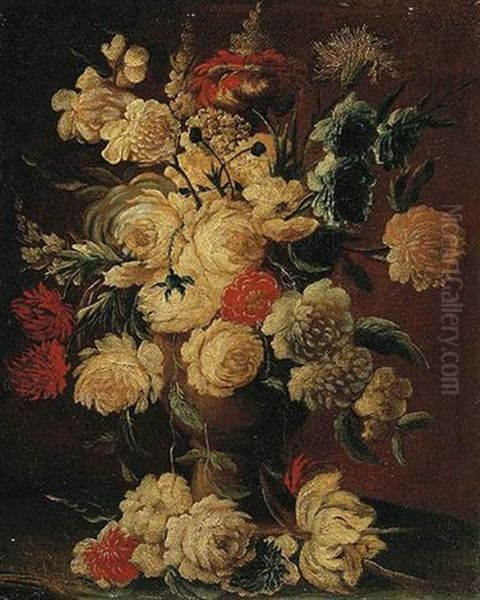 Roses, Peonies And Other Flowers In A Vase On A Ledge Oil Painting by Johann Limpert Flur