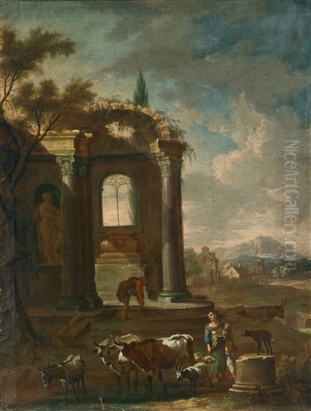 Architekturcapriccio Mit Reicher Personen- Und Tierstaffage (+ Another; Pair) Oil Painting by Ignaz Franz Josef Flurer