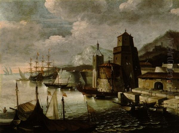 Sudliche Hafenstadt Mit Ankernden Schiffen Oil Painting by Ignaz Franz Josef Flurer