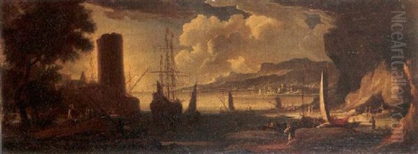 A Port Scene With Sailing Ships And Other Vessels Off A Rocky Coast, Fishermen Returning From A Trip, Another Port And Mountain Beyond Oil Painting by Ignaz Franz Josef Flurer