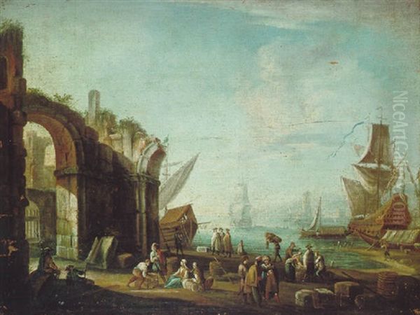 Sudlicher Hafen Mit Antiken Ruinen, Einem Dreimaster Und Vielen Figuren Oil Painting by Ignaz Franz Josef Flurer