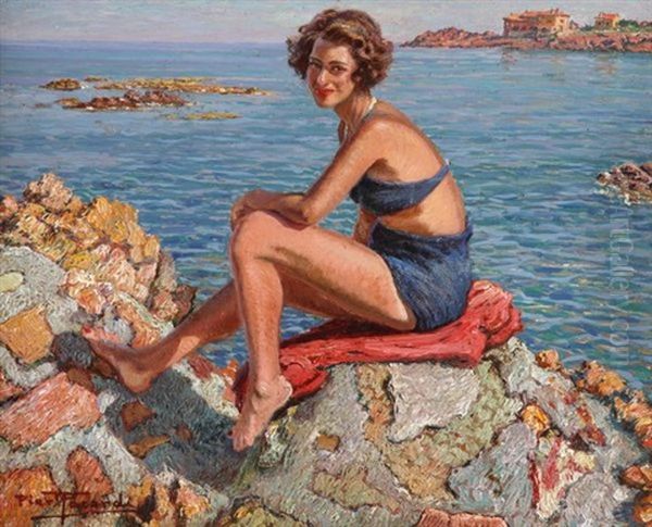 Apres Le Bain Dans La Mer Oil Painting by Piero Focardi