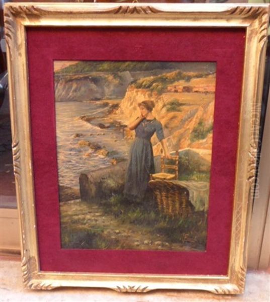 Lavandiere Au Bord De La Mer (toscane?) Oil Painting by Ruggero Focardi