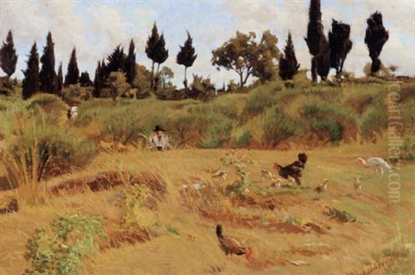 Paesaggio Con Figure E Galline by Ruggero Focardi