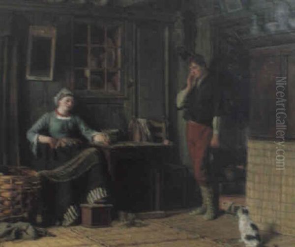 Interior Med Natbindande Kvinna, Man Och Katt Oil Painting by Ferdinand J. Foegerlin