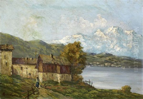 Paesaggio Con Lago Oil Painting by Mario Moretti Foggia