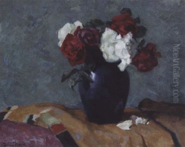 Still Life With Red And White Roses Oil Painting by David Foggie