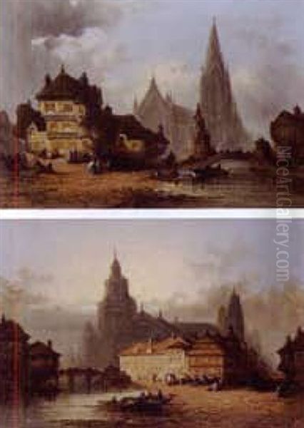 Norman Cathedral Towns (3 Works, 1 Oil On Board) Oil Painting by John Henry Foley