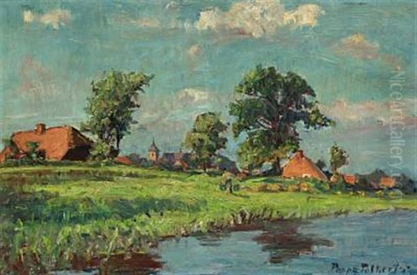 Frisian Landscape With Houses, Autumn Oil Painting by Poppe Folkerts