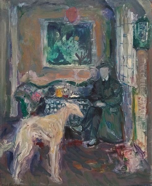 Interior Med Mann Og Hund Oil Painting by Bernhard D. Folkestad