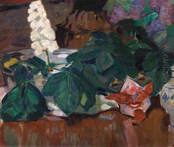 Stilleben Med Blomster Og Krukke Oil Painting by Bernhard D. Folkestad