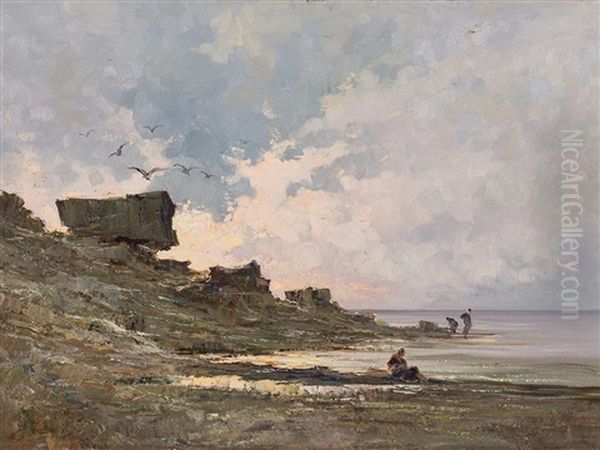 Coastal Landscape With Figures Oil Painting by Carlo Follini