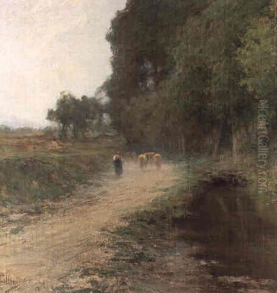 Campagna Con Contadina E Mucche Oil Painting by Carlo Follini