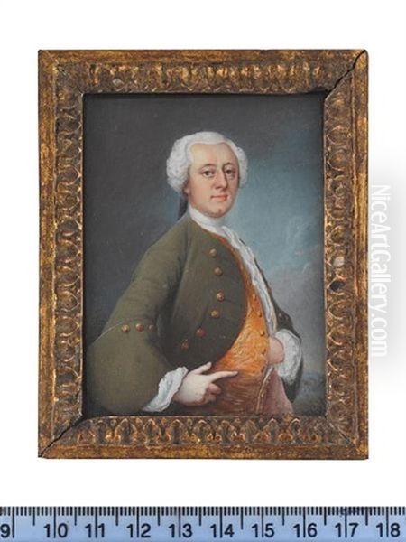 A Gentleman, Wearing Green Coat With Pink Lining And Gold Buttons, Gold Waistcoat, White Frilled Chemise And Stock Oil Painting by Christoffer Foltmar