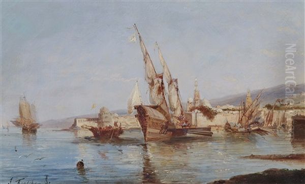 Boats In Dubrovnik Harbour Oil Painting by Andre Foneche