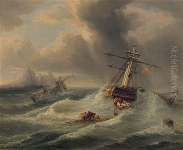 Scene De Naufrage Dans La Tempete, Deux Trois-mats En Perdition, Une Chaloupe A La Mer, En Arriere Plan, Une Ile Montagneuse, Au Pied On Distingue Une Ville Fortifiee Oil Painting by Andre Foneche