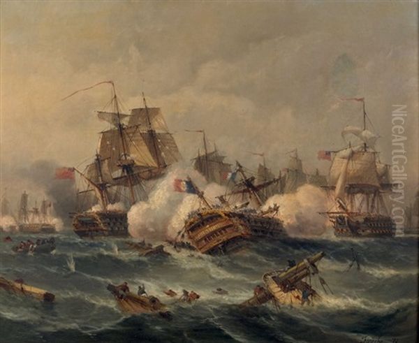 Bataille Navale Vers 1798/1802, Marine Francaise Contre Marine Britannique, On Distingue Onze Trois-mats Dont Un Au Premier Plan A Moitie Coule Oil Painting by Andre Foneche