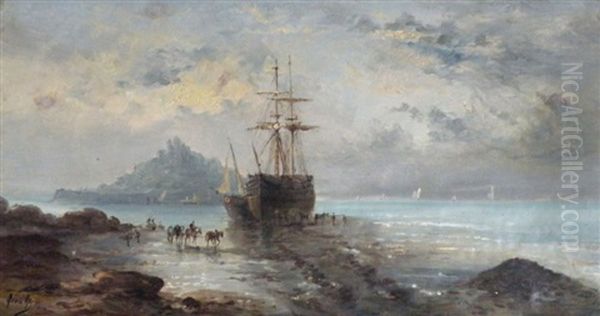 Deux-mats, Baie Du Mont Saint-michel Oil Painting by Andre Foneche